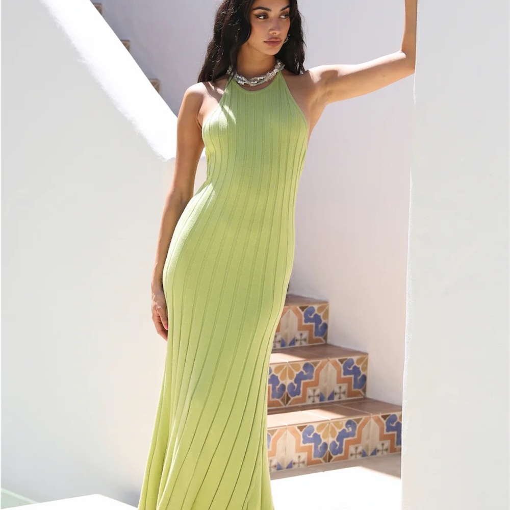Green Ribbed Sweater Halter Low Back Dress
